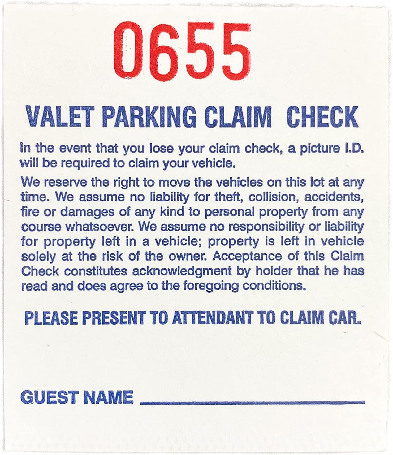 Blank White Valet Tag Claim Check for Hotel and Restaurant Valet Parking with Serialized Numbers and Perforated Edge (Set of 1000)