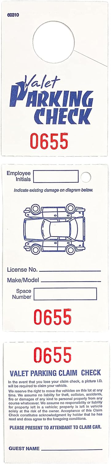 Blank White Valet Tag Claim Check for Hotel and Restaurant Valet Parking with Serialized Numbers and Perforated Edge (Set of 1000)