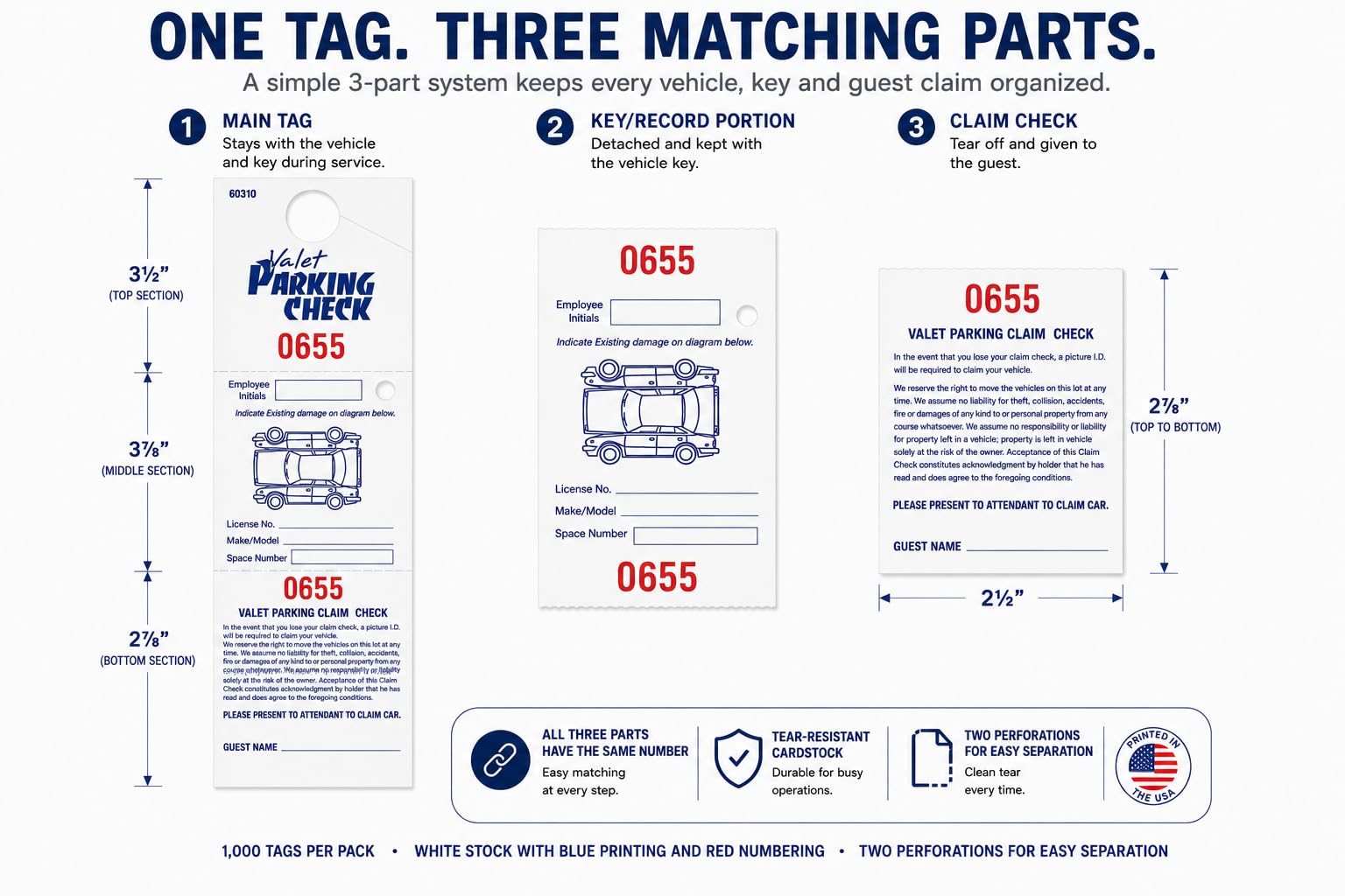 Front Desk Supply Valet Parking Claim Checks, 3-Part Hanging Parking Tickets with Matching Numbers, Blue Print and Red Numbering, 1,000 Pack