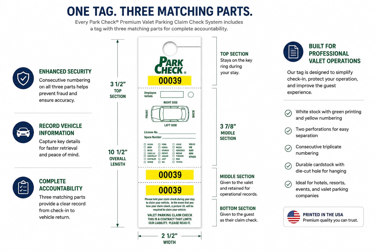 Front Desk Supply 3-Part Valet Parking Claim Checks, Die-Cut Hanging Tickets, Green & Yellow, Sequentially Numbered 00000-00999, 1,000 Pack