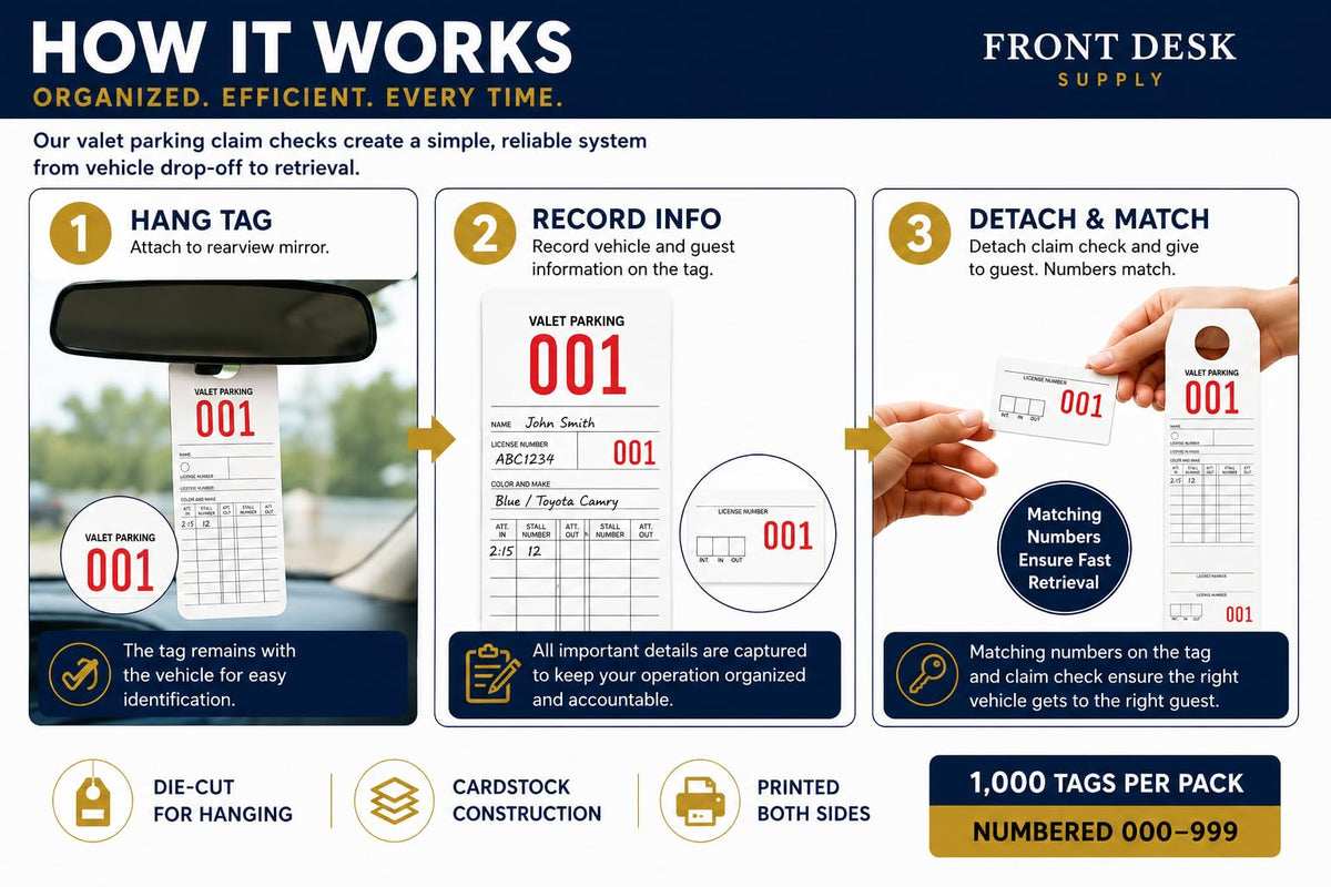 Front Desk Supply Valet Parking Claim Checks, Numbered, 1000 Pack - Front Desk Supply