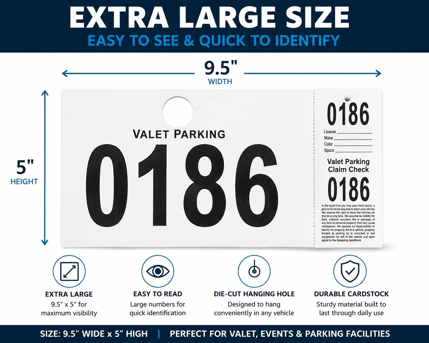 Front Desk Supply Valet Parking Claim Checks, Die-Cut Hanging Parking Tickets, Sequentially Numbered 0001-1000, 1,000 Pack