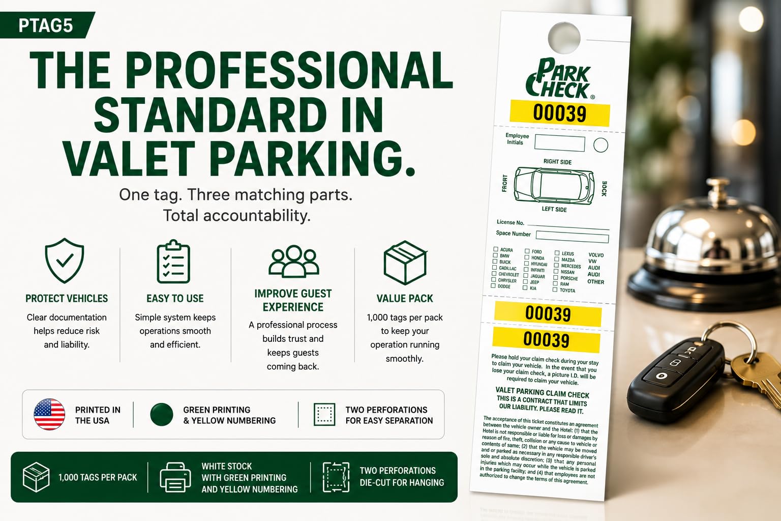 Front Desk Supply 3-Part Valet Parking Claim Checks, Die-Cut Hanging Tickets, Green & Yellow, Sequentially Numbered 00000-00999, 1,000 Pack
