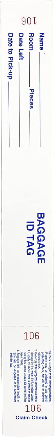 Hotel Luggage Claim Tag with Transfer Tape, Serial Numbering, and Perforated Claim Ticket – Blank White Disposable Bag Tags for Hotel and Motel Bag Storage (Set of 1000)