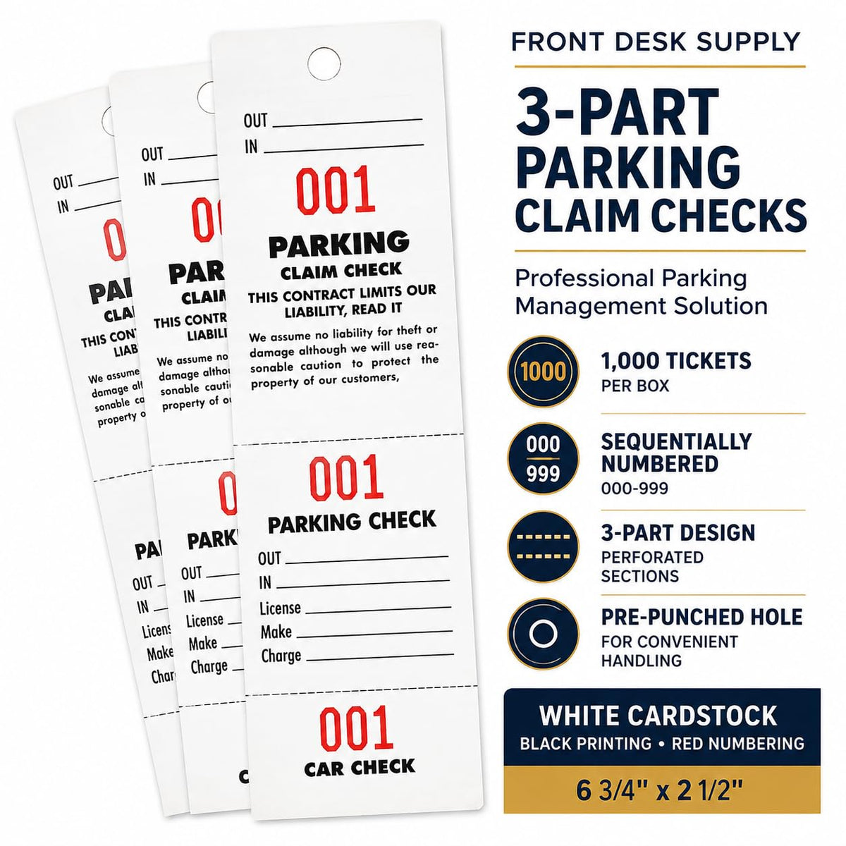 Front Desk Supply Numbered Parking Claim Checks, 3-Part Parking Tickets with Matching Numbers, 000-999, 1000 Pack