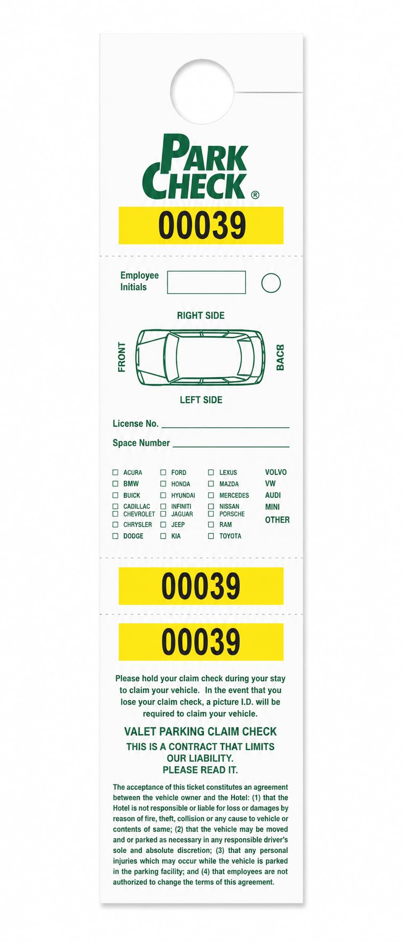 Front Desk Supply 3-Part Valet Parking Claim Checks, Die-Cut Hanging Tickets, Green & Yellow, Sequentially Numbered 00000-00999, 1,000 Pack