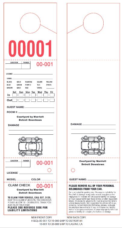 Detroit Courtyard Custom Valet Tags (10000 tags per box / $1450 per box)