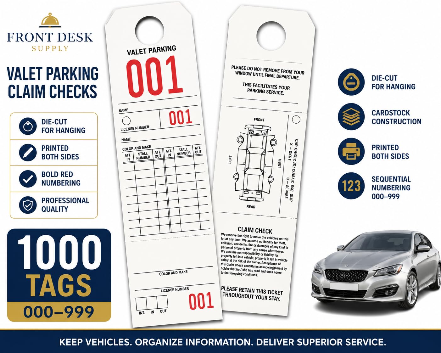 Front Desk Supply Valet Parking Claim Checks, Numbered, 1000 Pack