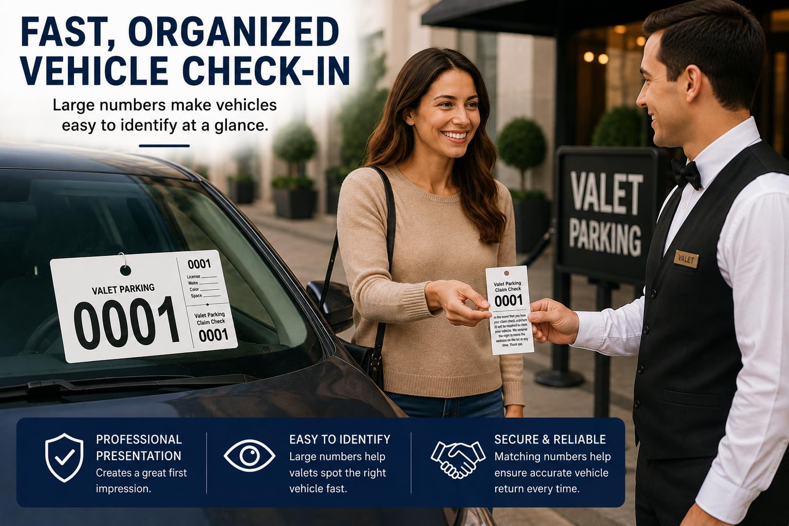 Front Desk Supply Valet Parking Claim Checks, Die-Cut Hanging Parking Tickets, Sequentially Numbered 0001-1000, 1,000 Pack