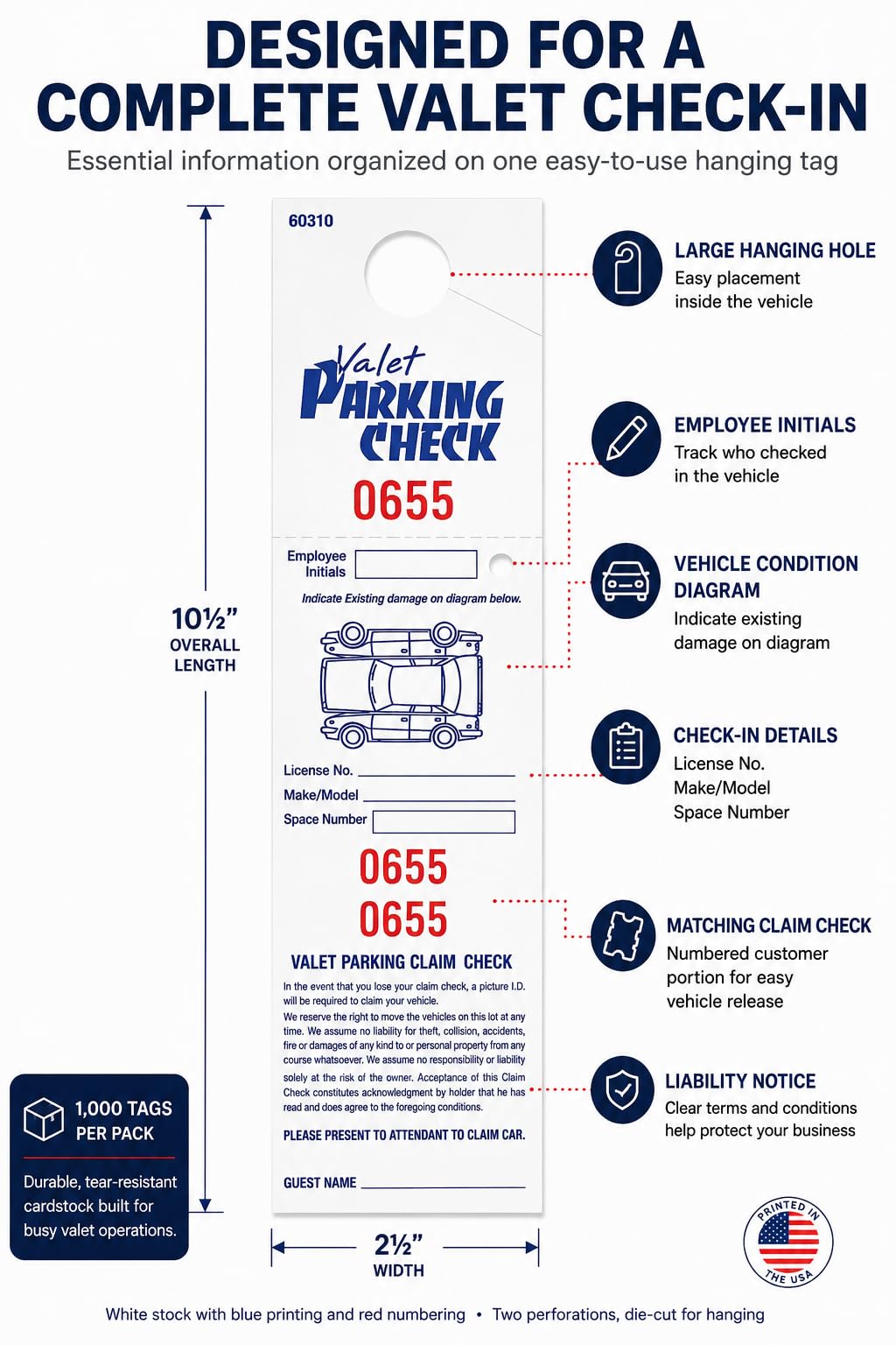 Front Desk Supply Valet Parking Claim Checks, 3-Part Hanging Parking Tickets with Matching Numbers, Blue Print and Red Numbering, 1,000 Pack