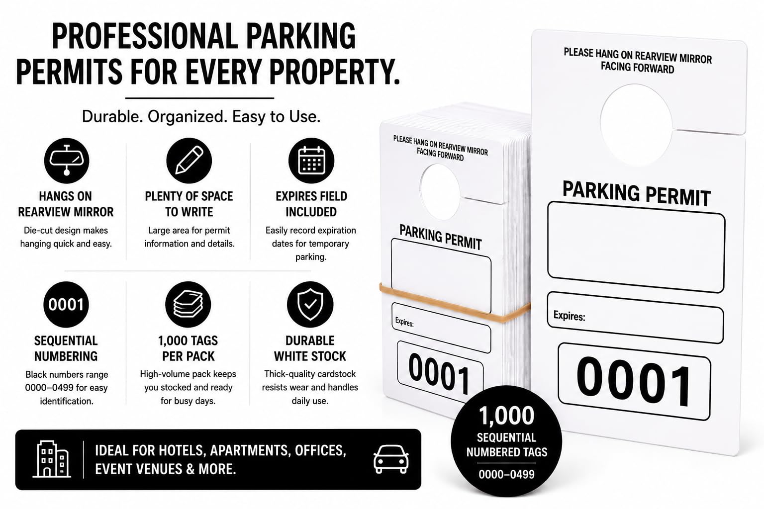 Front Desk Supply Parking Permits, Die-Cut Hanging Parking Tags, Sequentially Numbered, 1,000 Pack