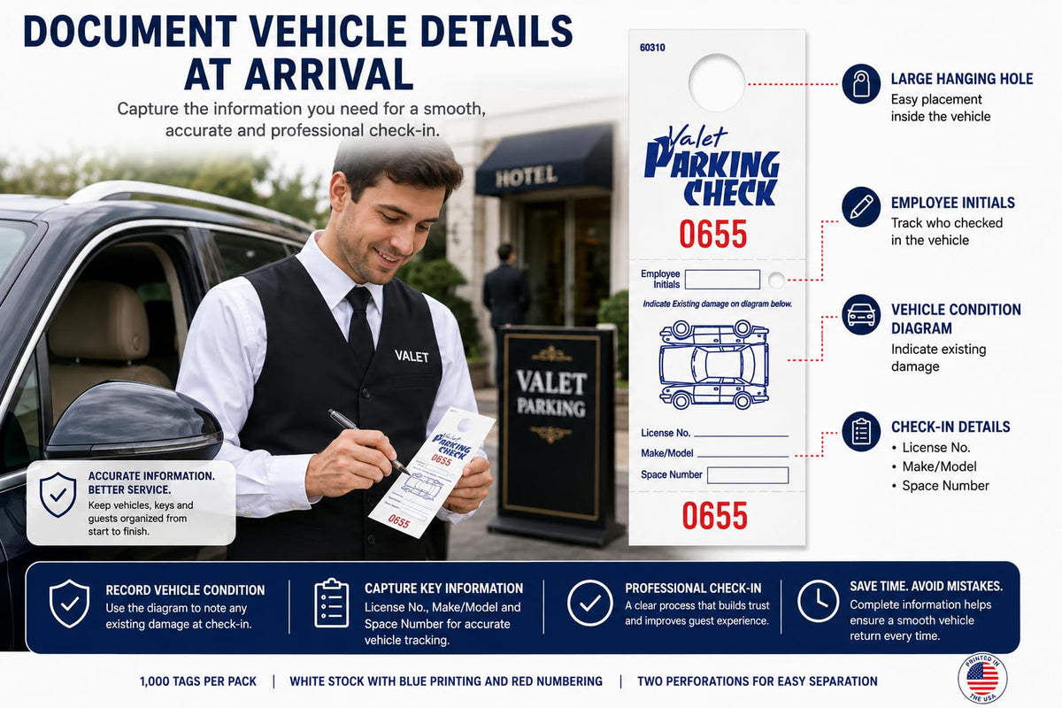 Front Desk Supply Valet Parking Claim Checks, 3-Part Hanging Parking Tickets with Matching Numbers, Blue Print and Red Numbering, 1,000 Pack