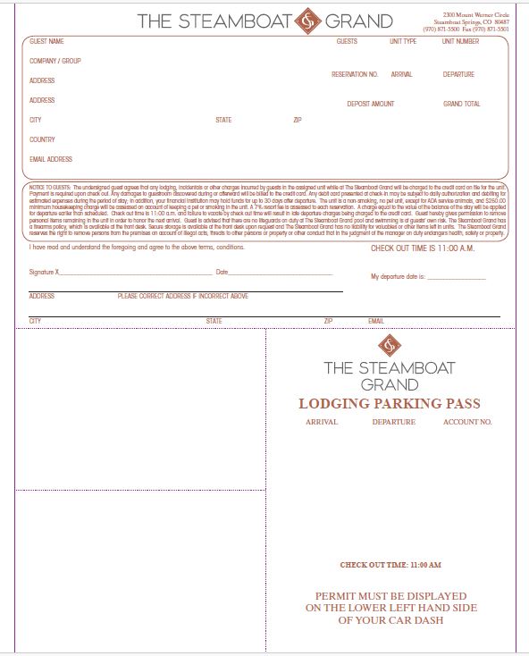 Steamboat Grand Registration Form (2500 Forms per box / $175 per box)